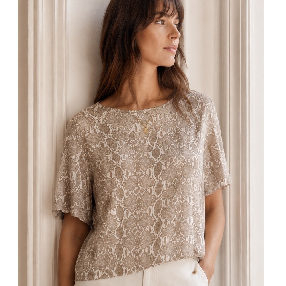 St. John Tan Snakeskin Print Rhinstone Studded Scoop Neck Tee Size Large